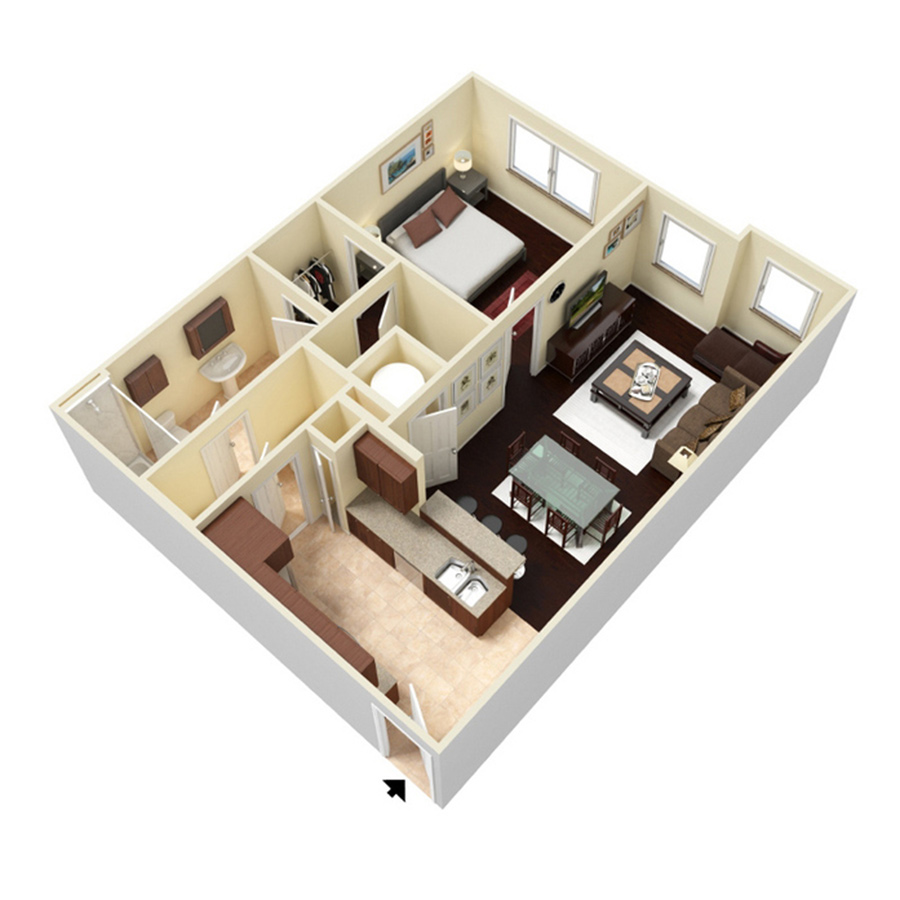 Rendering of the 1 Bedroom - Carriage floor plan with 1 bedroom[s] and 1 bathroom[s] at Amberleigh Shores