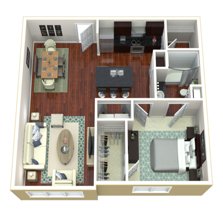 Rendering of the 1 Bedroom 1 Bath Deluxe SR floor plan with 1 bedroom[s] and 1 bathroom[s] at Amberleigh Shores