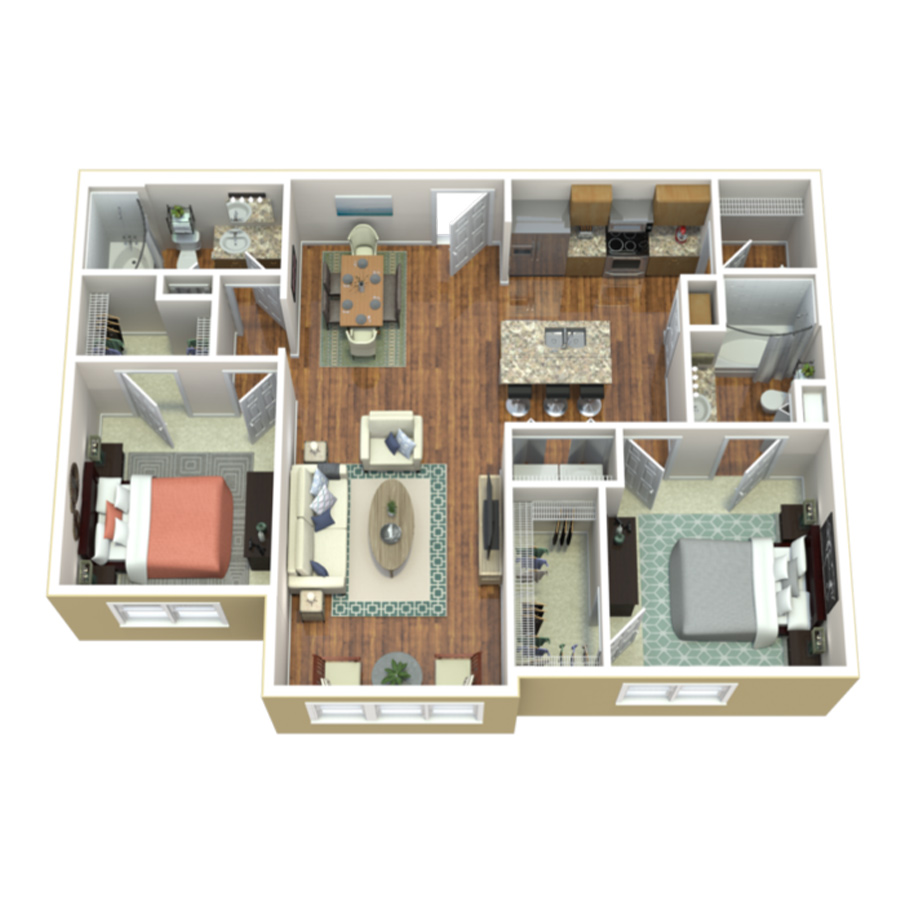 Rendering of the 2 Bedroom 2 Bath Deluxe SR floor plan with 2 bedroom[s] and 2 bathroom[s] at Amberleigh Shores