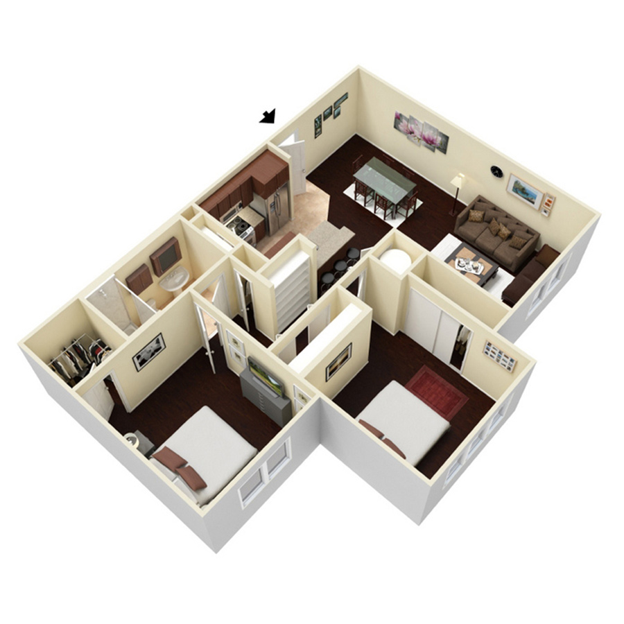 Rendering of the 2 Bedroom - 1 Bath floor plan with 2 bedroom[s] and 1 bathroom[s] at Amberleigh Shores