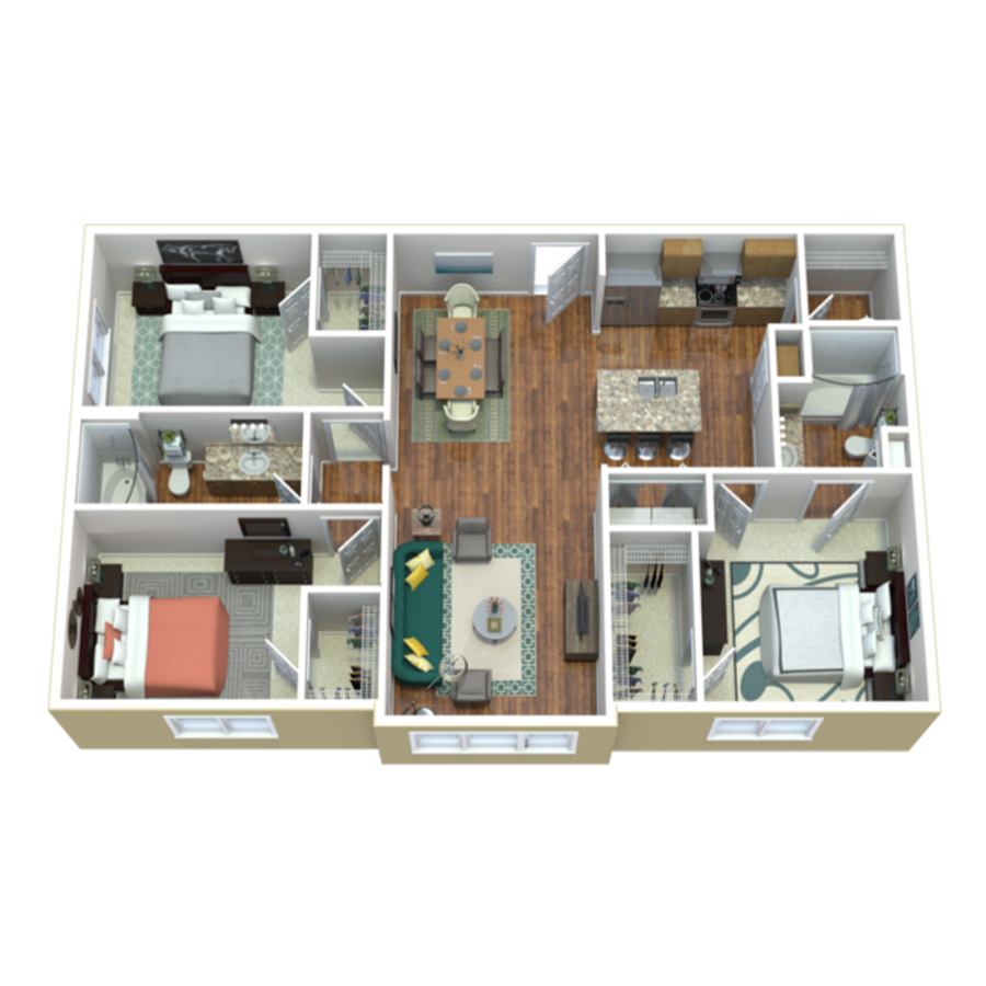 Rendering of the 3 Bedroom 2 Bath SR floor plan with 3 bedroom[s] and 2 bathroom[s] at Amberleigh Shores