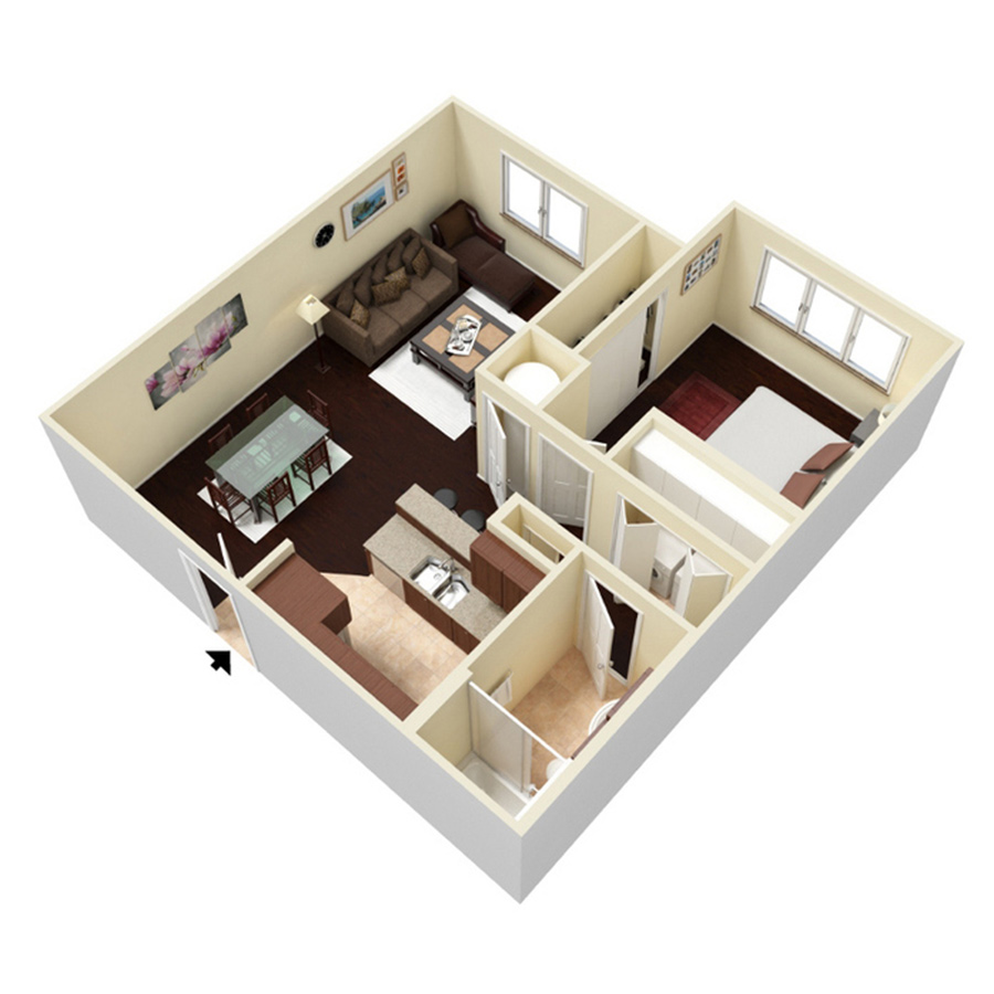 Rendering of the 1 Bedroom 1 Bath floor plan with 1 bedroom[s] and 1 bathroom[s] at Amberleigh Shores
