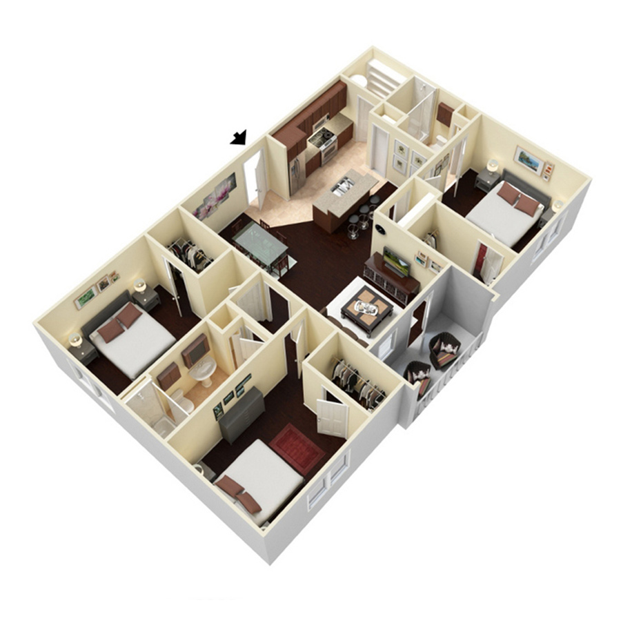 Rendering of the 3 Bedroom - 2 Bath floor plan with 3 bedroom[s] and 2 bathroom[s] at Amberleigh Shores